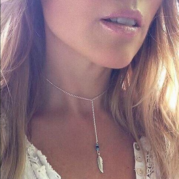 Silver Beaded Lariat Boho Feather Choker Necklace - Picture 2 of 2